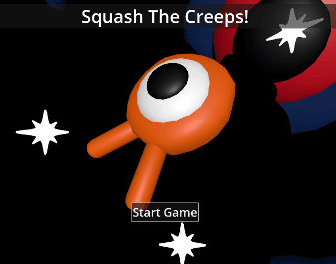 Splash image for 'Squash the creeps' with a little orange one-eyed two-finned creature on it, ominous purple creatures hover behind it.