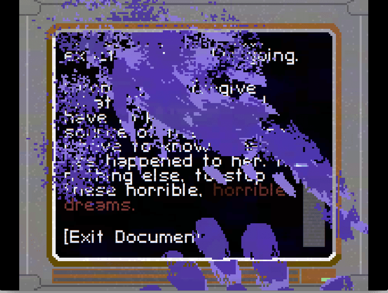 A computer screen with text obscured by splattered alien blood, some smeared in a handprint. The text involves the words 'if nothing else, to stop these horrible, horrible dreams.'